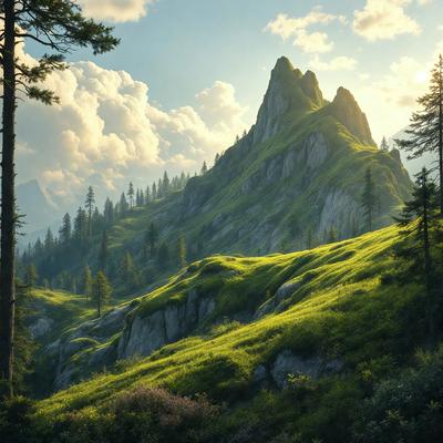 Primary subject: A mountain with a grassy hillside.

Setting/background: The mountain is surrounded by a lush green forest, with trees and clouds in the background.

Visual style: The image is a digital art or illustration, depicting a serene and natural landscape.

Colors and mood: The dominant colors are green, with the grassy hillside and the surrounding forest. The overall atmosphere is peaceful and tranquil.